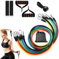 Resistance-band set with coloured tubes, handles, straps, door anchor and carry pouch, beside an exercise demonstration.