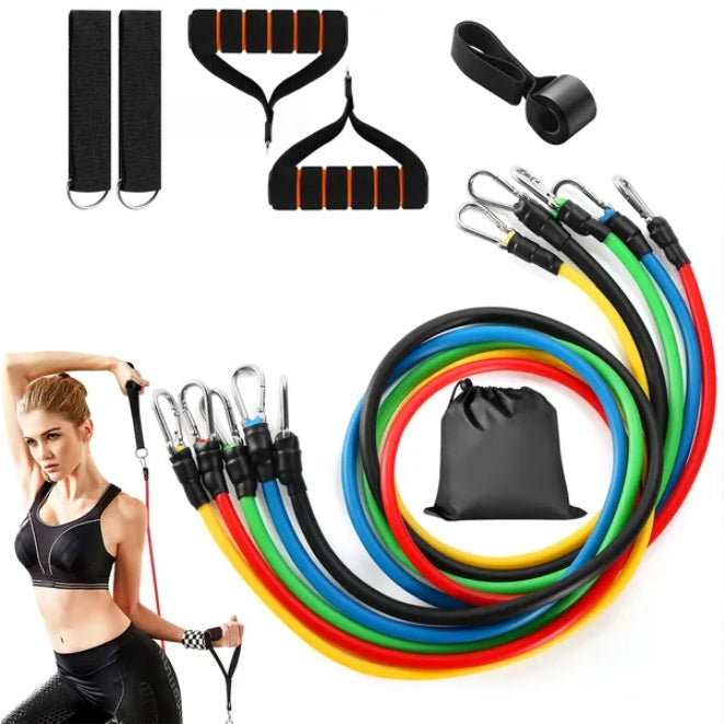 Resistance-band set with coloured tubes, handles, straps, door anchor and carry pouch, beside an exercise demonstration.