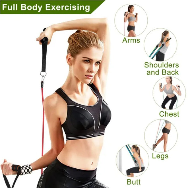 Model demonstrating resistance-band exercises with handles; inset illustrations show different exercise positions.
