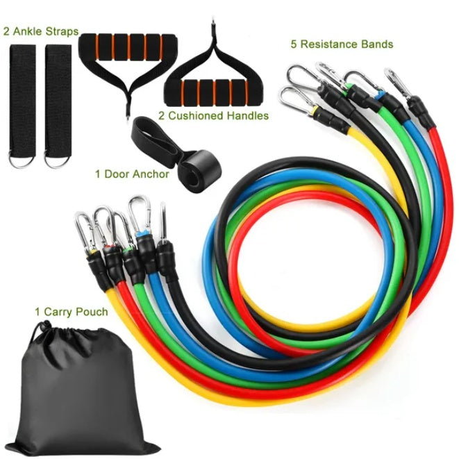 Supplier diagram showing five coloured resistance bands, two handles, two ankle straps, a door anchor and carry pouch.